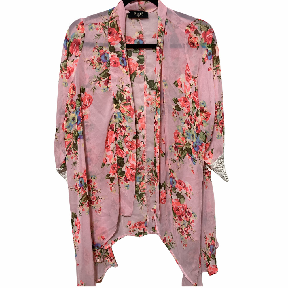 Meritt Womens Sheer Floral Cardigan Kimono One Size Fits All Lace Trim Boho Pink